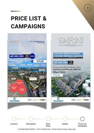 PRICE LIST &
CAMPAIGNS
1 United States Dollar = 41.14 Turkish Lira - Prices and currency may vary.
Location Floor
Plans
Gallery
Description Price List
Campaigns
 