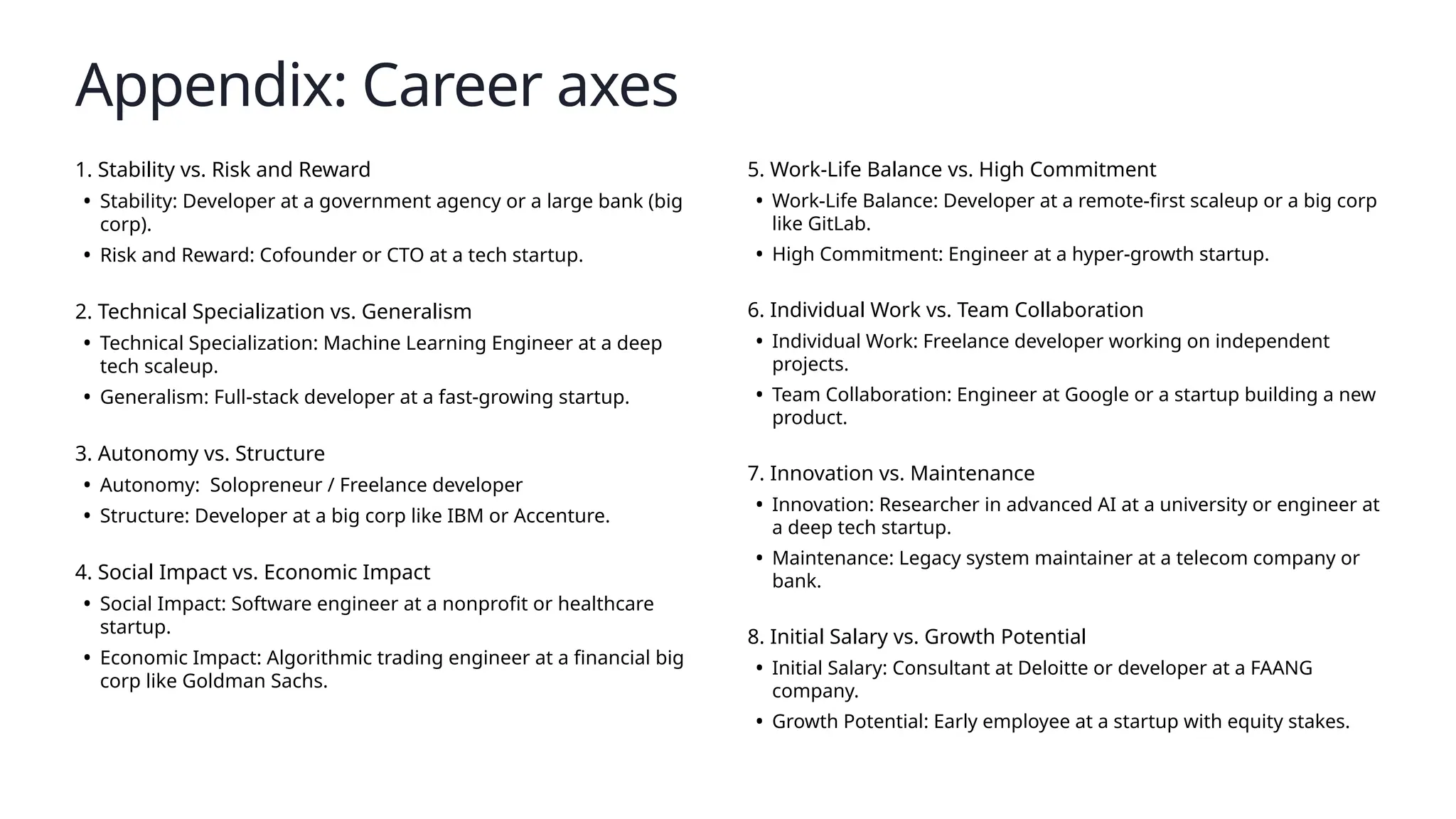 Appendix: Career axes
1. Stability vs. Risk and Reward
• Stability: Developer at a government agency or a large bank (big
corp).
• Risk and Reward: Cofounder or CTO at a tech startup.
2. Technical Specialization vs. Generalism
• Technical Specialization: Machine Learning Engineer at a deep
tech scaleup.
• Generalism: Full-stack developer at a fast-growing startup.
3. Autonomy vs. Structure
• Autonomy: Solopreneur / Freelance developer
• Structure: Developer at a big corp like IBM or Accenture.
4. Social Impact vs. Economic Impact
• Social Impact: Software engineer at a nonprofit or healthcare
startup.
• Economic Impact: Algorithmic trading engineer at a financial big
corp like Goldman Sachs.
5. Work-Life Balance vs. High Commitment
• Work-Life Balance: Developer at a remote-first scaleup or a big corp
like GitLab.
• High Commitment: Engineer at a hyper-growth startup.
6. Individual Work vs. Team Collaboration
• Individual Work: Freelance developer working on independent
projects.
• Team Collaboration: Engineer at Google or a startup building a new
product.
7. Innovation vs. Maintenance
• Innovation: Researcher in advanced AI at a university or engineer at
a deep tech startup.
• Maintenance: Legacy system maintainer at a telecom company or
bank.
8. Initial Salary vs. Growth Potential
• Initial Salary: Consultant at Deloitte or developer at a FAANG
company.
• Growth Potential: Early employee at a startup with equity stakes.
 