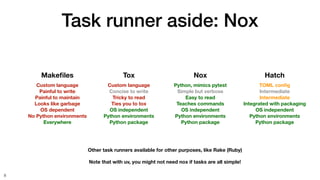 Task runner aside: Nox
8
Make
fi
les
Custom language
Painful to write
Painful to maintain
Looks like garbage
OS dependent
No Python environments
Everywhere
Tox
Custom language
Concise to write
Tricky to read
Ties you to tox
OS independent
Python environments
Python package
Nox
Python, mimics pytest
Simple but verbose
Easy to read
Teaches commands
OS independent
Python environments
Python package
Other task runners available for other purposes, like Rake (Ruby)
Hatch
TOML con
fi
g
Intermediate
Intermediate
Integrated with packaging
OS independent
Python environments
Python package
Note that with uv, you might not need nox if tasks are all simple!
 