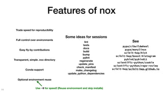 Features of nox
11
Full control over environments
Easy
fl
y-by contributions
Transparent, simple .nox directory
Conda support
Trade speed for reproducibility
Some ideas for sessions
lint
tests
docs
build
bump
pylint
regenerate
update_pins
check_manifest
make_changelog
update_python_dependencies
See
pypa/cibuildwheel
pypa/manylinux
scikit-hep/hist
scikit-hep/boost-histogram
pybind/pybind11
scientific-python/cookie
scientific-python/repo-review
scikit-hep/scikit-hep.github.io
Optional environment reuse
Use -R for speed! (Reuse environment and skip installs)
 