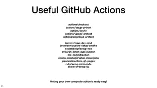 Useful GitHub Actions
24
actions/checkout
actions/setup-python
actions/cache
actions/upload-artifact
actions/download-artifact
ilammy/msvc-dev-cmd
jwlawson/actions-setup-cmake
excitedleigh/setup-nox
pypa/gh-action-pypi-publish
pre-commit/action
conda-incubator/setup-miniconda
peaceiris/actions-gh-pages
ruby/setup-miniconda
astral-sh/setup-uv
Writing your own composite action is really easy!
 