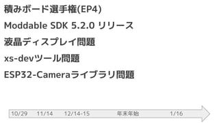 積みボード選手権(EP4)
Moddable SDK 5.2.0 リリース
液晶ディスプレイ問題
xs-devツール問題
ESP32-Cameraライブラリ問題
10/29 11/14 12/14-15 年末年始 1/16
 