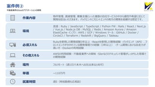 案件例②
不動産業界のSaaSアプリケーションの開発
就業時間 週5（時短勤務も応相談）
作業内容
物件管理、賃貸管理、募集支援といった複数の自社サービスの中から適性や希望に応じて
開発を担当いただきます。 バックエンドとフロントエンドの両方の開発を依頼する想定です。
単価 ~110万円
環境
言語：Ruby / JavaScript / TypeScript / Python FW：Rails / React / Next.js
/ Vue.js / Node.js DB：MySQL / Redis / Amazon Aurora / Amazon
ElastiCache インフラ：AWS / GCP / Windows ツール：GitHub / Docker /
CircleCI / Terraform / Redshift / BigQuery / Tableau
その他スキル
AWSの利用経験 ・不動産業界への興味 ・SIerなどのドキュメント管理がしっかりした現場で
の開発経験
場所 フルリモート（週1日六本木へ出社出来ると尚可）
Rubyを使用した開発経験3年以上 ・Reactを使用した開発経験 ・バックエンド（API）、フ
ロントエンドが分かれている開発環境での経験（3年以上） ・チーム開発における自走力が
高い方 ・Dockerの利用経験
必須スキル
 