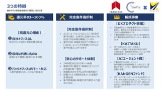 新規事業
【DXプロダクト事業】
➢ 旧態依然とした不動産業界の中でITの力で
変革し、業界全体の生産性を向上させるCX
プロダクト複数展開中です
➢ 不動産領域のプロフェッショナルである株式会
社不動産総合研究所とのベンチャー事業とな
ります
【KAITAKU】
➢ PRTIMESのプレスリリース発信！
衛星データを基に日本全国の更地を特定
土地の地形、高低差を割り出しマンションや商
業施設を建てたいデベロッパーと連携
【AIエージェント君】
➢ 不動産仲介のAIエージェント！
物件情報とお客様情報を入力することで、最
善の住宅ローンプラン、補助金の案内をAIが
自動で提案
完全案件選択制
【完全案件選択制】
➢ カンゲンエージェントはエンジニア自身が
案件を選び、主体的に自身のキャリアを
形成できる体制を構築しています
➢ 案件内容・単価を含めすべて開示して
いるため、エンジニアの希望にマッチした
案件を選ぶことができます
【安心のサポート体制】
➢ 24時間365日のサポート体制
➢ 業務内容・働き方・単価などエンジニア
の希望を第一優先
➢ 営業担当から平均22件の案件紹介
➢ 前職でトップ成績を収めていた営業が
多数在籍
➢ 案件参画後も単価交渉や案件入れ替
えのフォロー
還元率83~100%
【高還元の理由】
自社オフィスなし
自社オフィスを持たず固定費を削減
1
役員は代表1名のみ
役員1名で運営し経営コストを抑制
2
バックオフィスはリモート対応
人事や経理はリモート対応で効率化
3
3つの特徴
働きやすい環境を徹底的に構築しております
【KANGENファンド】
➢ ITエンジニアをエンパワーメントする投資ファンド
です。弊社所属の正社員エンジニアやフリーラン
スエンジニアが起業するタイミングや、弊社の子
会社として新規事業を行うタイミングで投資を
行います
 