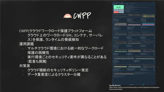 CWPP(クラウドワークロード保護プラットフォーム
)
- クラウド上のワークロード（VM、コンテナ、サーバレ
ス）を保護、ランタイムの脅威検知
運用課題
- マルチクラウド環境における統一的なワークロード
保護の困難性
- 実行環境ごとのセキュリティ要件が異なることがある
(監査も困難)
対策案
- クラウド横断のセキュリティポリシー策定
- データ重要度によるクラスター分離
CWPP
Sysdig Monitor
https://docs.sysdig.com/en/docs/sysdig-monitor/integrations/integration-
library/kubernetes/
 