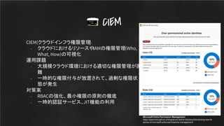 CIEM(クラウドインフラ権限管理)
- クラウドにおけるリソースやIAMの権限管理(Who,
What, How)の可視化
運用課題
- 大規模クラウド環境における適切な権限管理が困
難
- 一時的な権限付与が放置されて、過剰な権限状
態が発生
対策案
- RBACの強化、最小権限の原則の徹底
- 一時的認証サービス、JIT機能の利用
CIEM
Microsoft Entra Permission Management
https://jpazureid.github.io/blog/azure-active-directory/introducing-new-fe
atures-of-microsoft-entra-permissions-management/
 