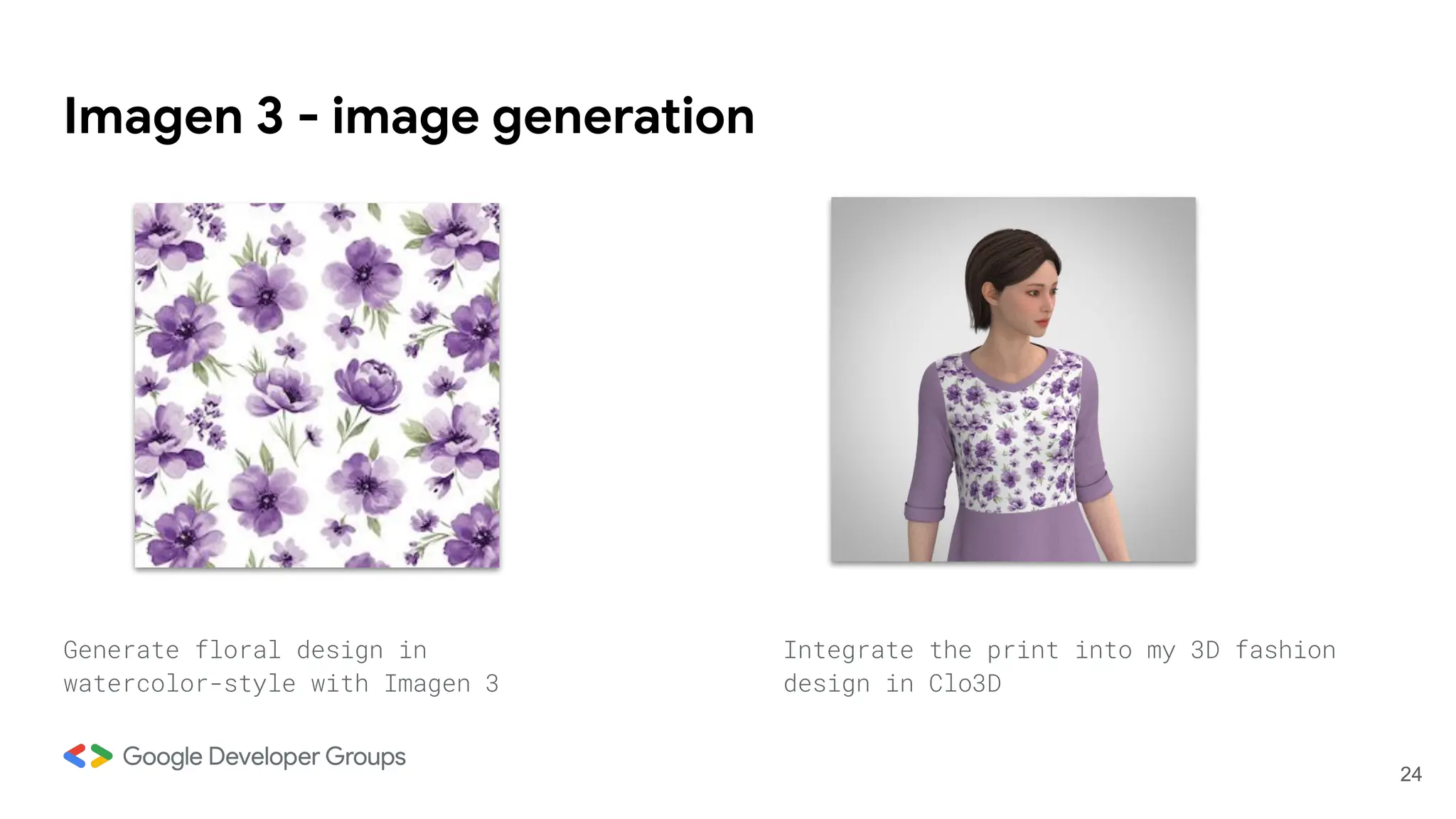 Imagen 3 - image generation
Generate floral design in
watercolor-style with Imagen 3
24
Integrate the print into my 3D fashion
design in Clo3D
 
