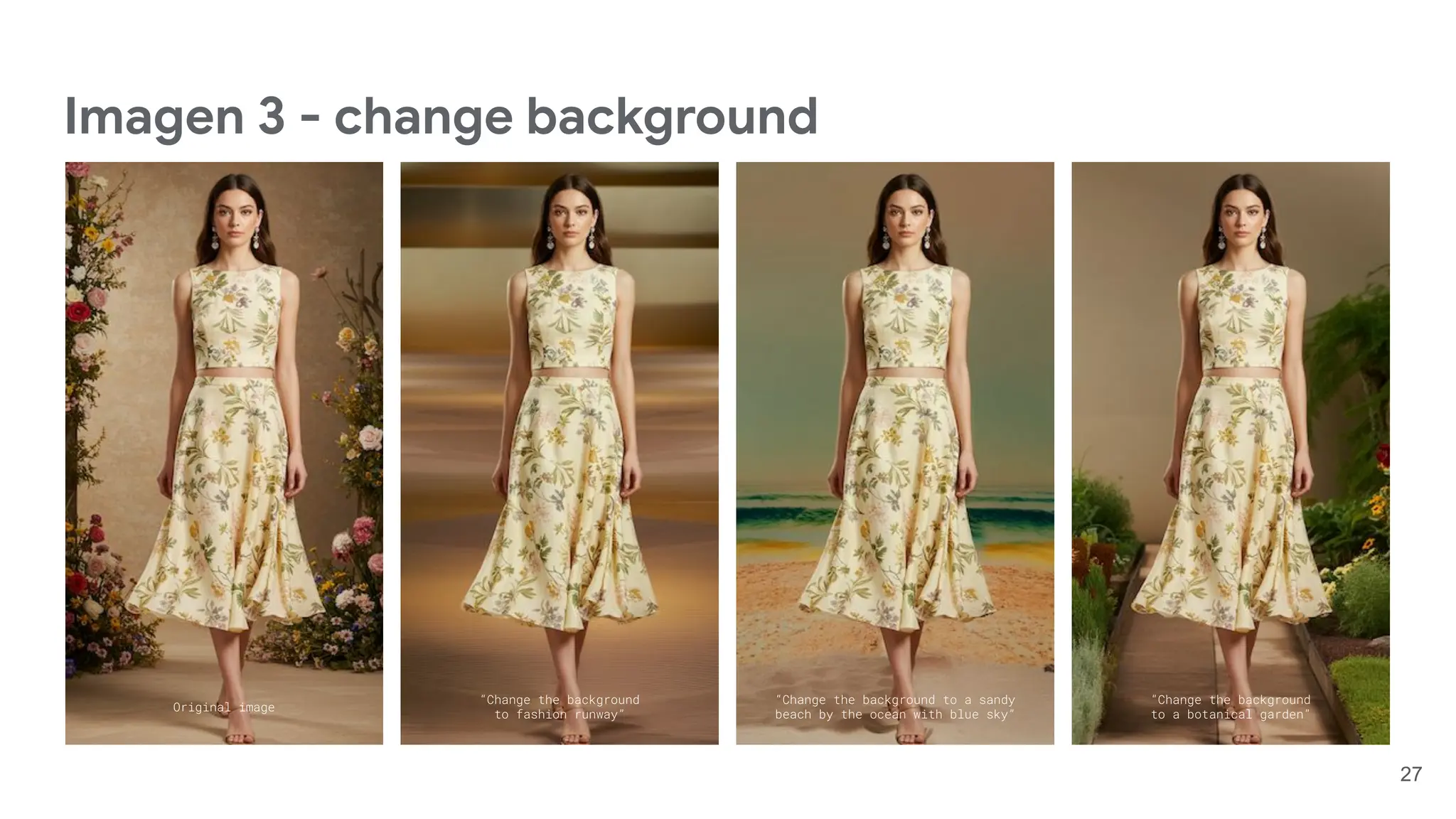 Imagen 3 - change background
27
“Change the background to a sandy
beach by the ocean with blue sky”
“Change the background
to a botanical garden”
“Change the background
to fashion runway”
Original image
 