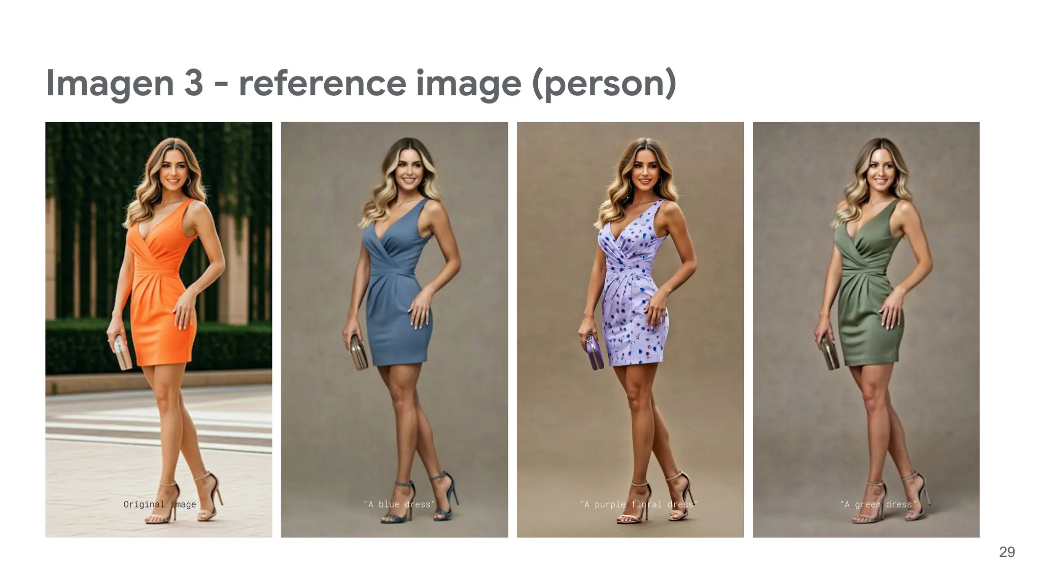 Imagen 3 - reference image (person)
29
“A purple floral dress” “A green dress”
“A blue dress”
Original image
 