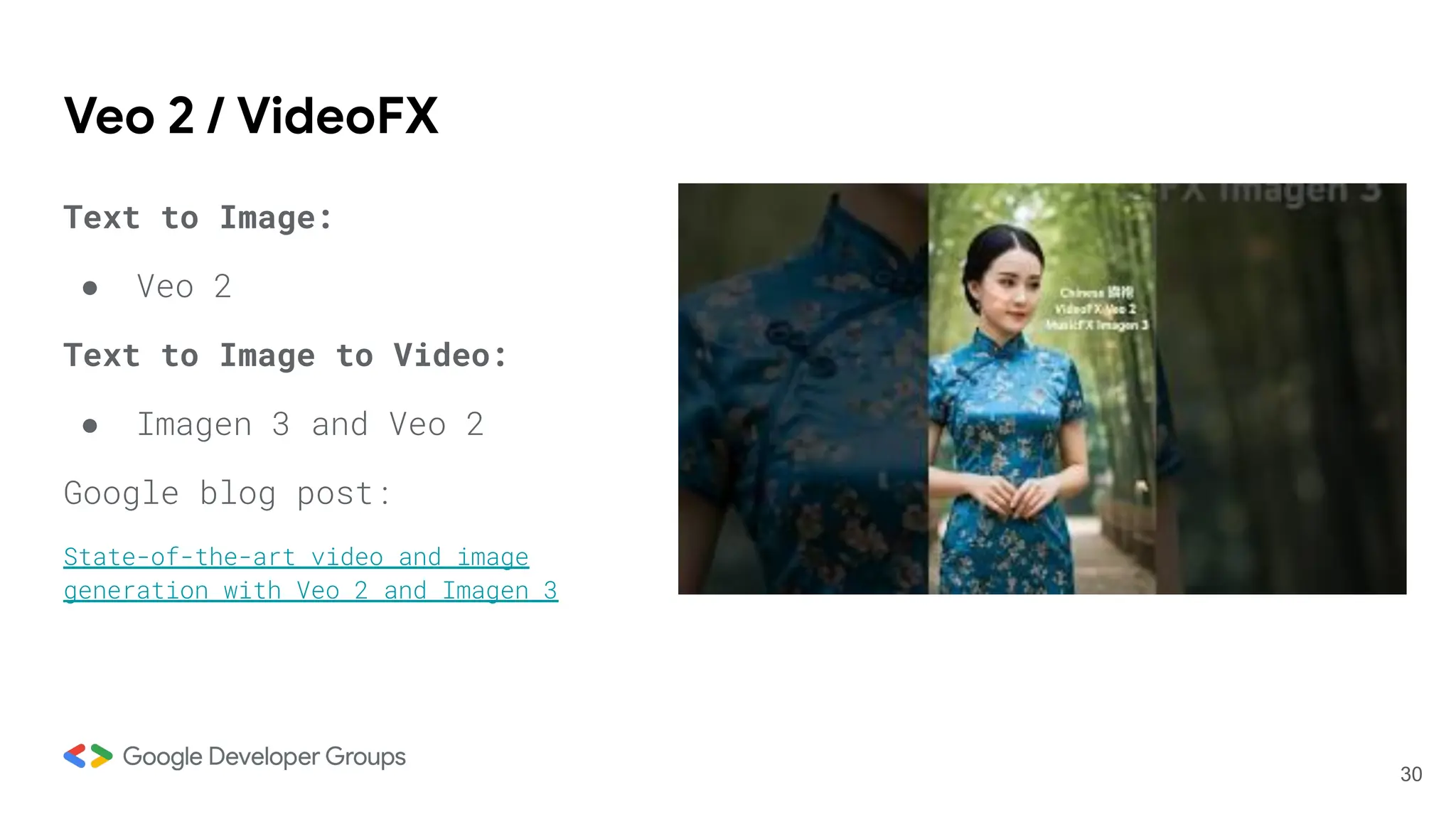 Veo 2 / VideoFX
Text to Image:
● Veo 2
Text to Image to Video:
● Imagen 3 and Veo 2
Google blog post:
State-of-the-art video and image
generation with Veo 2 and Imagen 3
30
 
