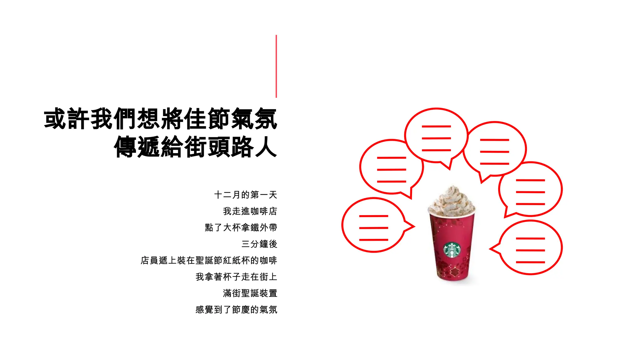 或許我們想將佳節氣氛
傳遞給街頭路人
十二月的第一天
我走進咖啡店
點了大杯拿鐵外帶
三分鐘後
店員遞上裝在聖誕節紅紙杯的咖啡
我拿著杯子走在街上
滿街聖誕裝置
感覺到了節慶的氣氛
 