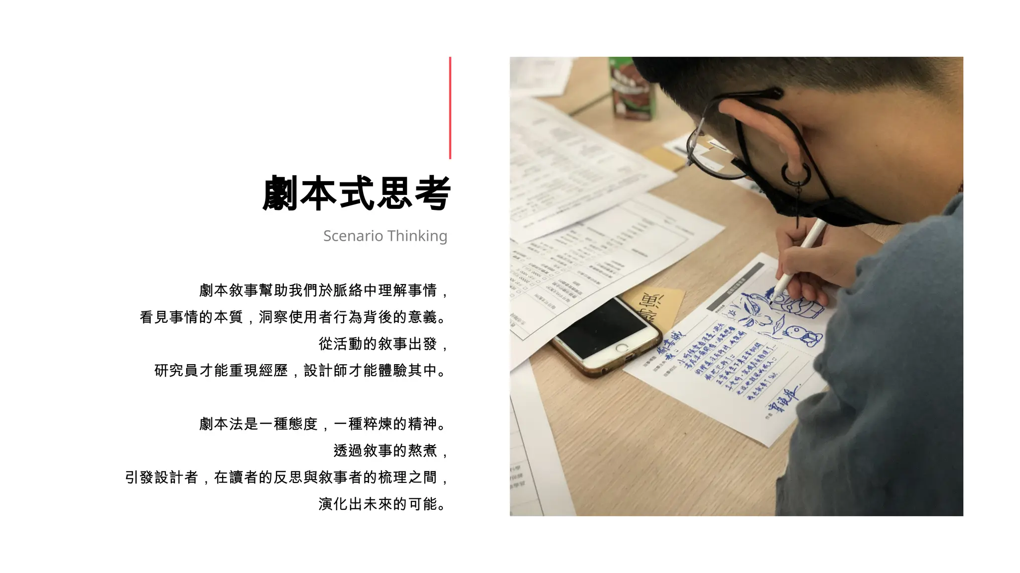 劇本式思考
劇本敘事幫助我們於脈絡中理解事情，
看見事情的本質，洞察使用者行為背後的意義。
從活動的敘事出發，
研究員才能重現經歷，設計師才能體驗其中。
劇本法是一種態度，一種粹煉的精神。
透過敘事的熬煮，
引發設計者，在讀者的反思與敘事者的梳理之間，
演化出未來的可能。
Scenario Thinking
 