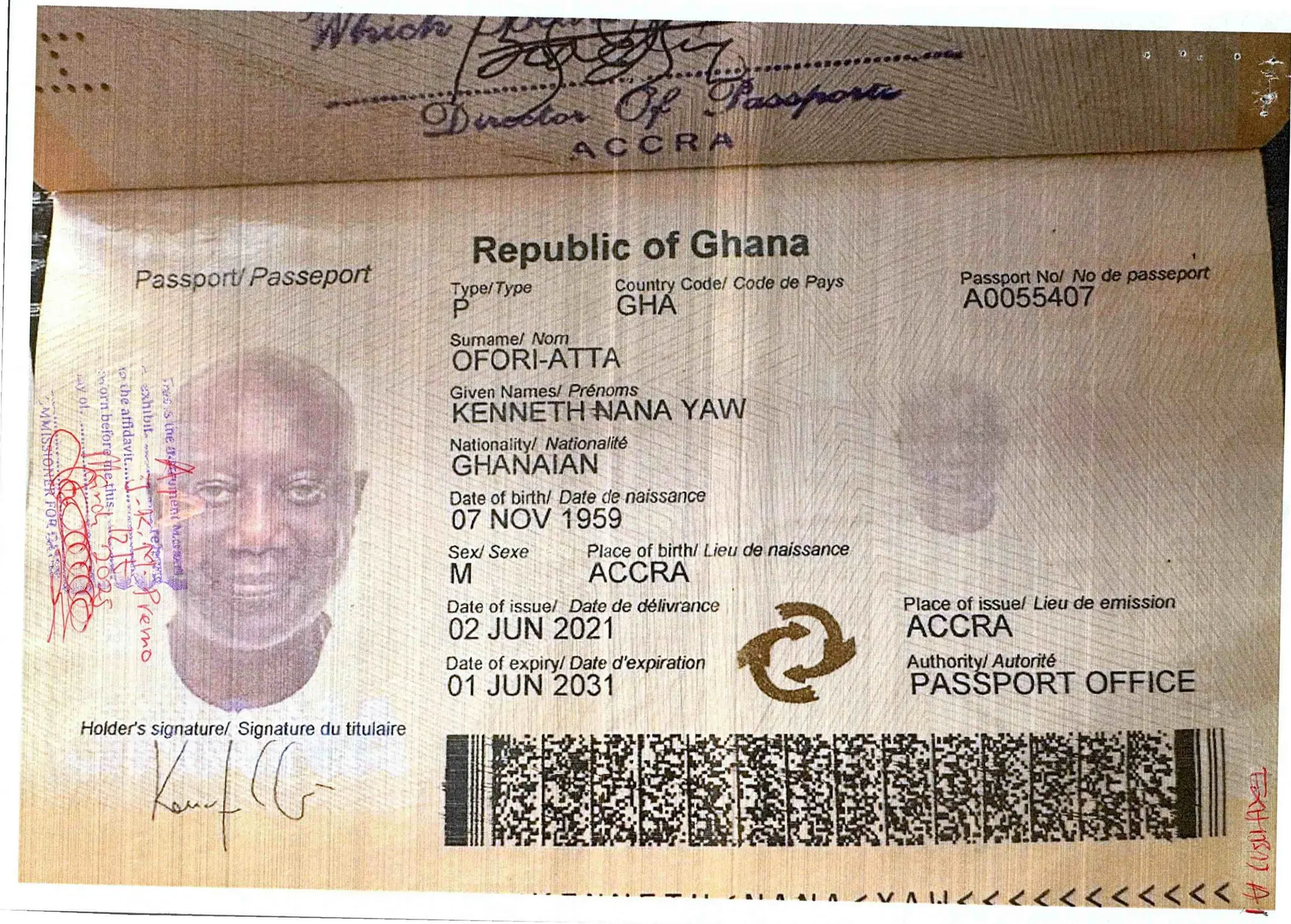 ;:i;I'iIi:&:;
Ji;-ii@ig
iIJ-::}rtl; Iii;i;
IT!:1IITT:if::.tiTI.
ILI:
j&
'. :':it;'
:!$ kb:Ji:I}}{t=
''
$$'.;}iitiii} }::.':::;!
Republic of Ghana
I
Code de Pays
Pa ; Passeport T]peI Type
Surname/ Norm
OFORI- AnA
:${
}#;:Iii:::
}If ''+ f :' ; ;-
t?}:.F:i}i
:I t ::i'..'/I.::I
F{pNN#E#Pf£FNA
YAW
@#;££.
 II
g . ; I =i
Nationality/ Nationalite
HANAIAN
G
Date of birth/ Date de naiss8nce
07 NOV 1959
Vb
}{
#$B
#ii:xiI}.' !;i
II}
I:fBi
Sex/ Sexe
M
Place of birth/ Lieu do naissance
ACCRA
A
9
a
Date of issue/ Date de d61iwance
02 JUN 2021
Place of issue/ Lieu de el
ACCRA
Date of expiry/ Date d'expiration
01 JUN 2031
kIer’s lature du titulaire
/
I
- - – - ' ' ' '- -- ' . ' - ' - .in JV Al.I/ / Z ( < < < < < < <
 