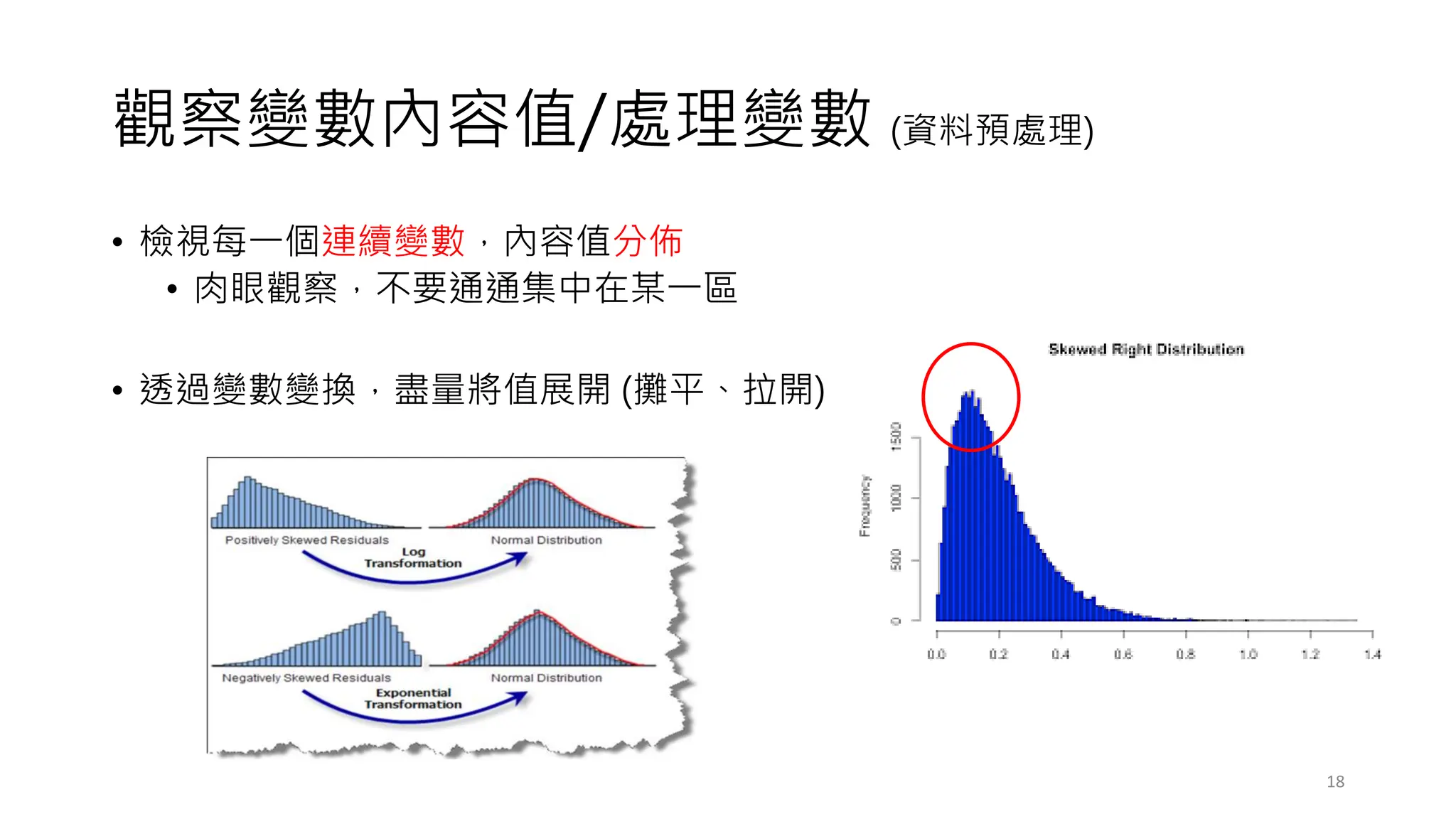 觀察變數內容值/處理變數 (資料預處理)
• 檢視每一個連續變數，內容值分佈
• 肉眼觀察，不要通通集中在某一區
• 透過變數變換，盡量將值展開 (攤平、拉開)
18
 