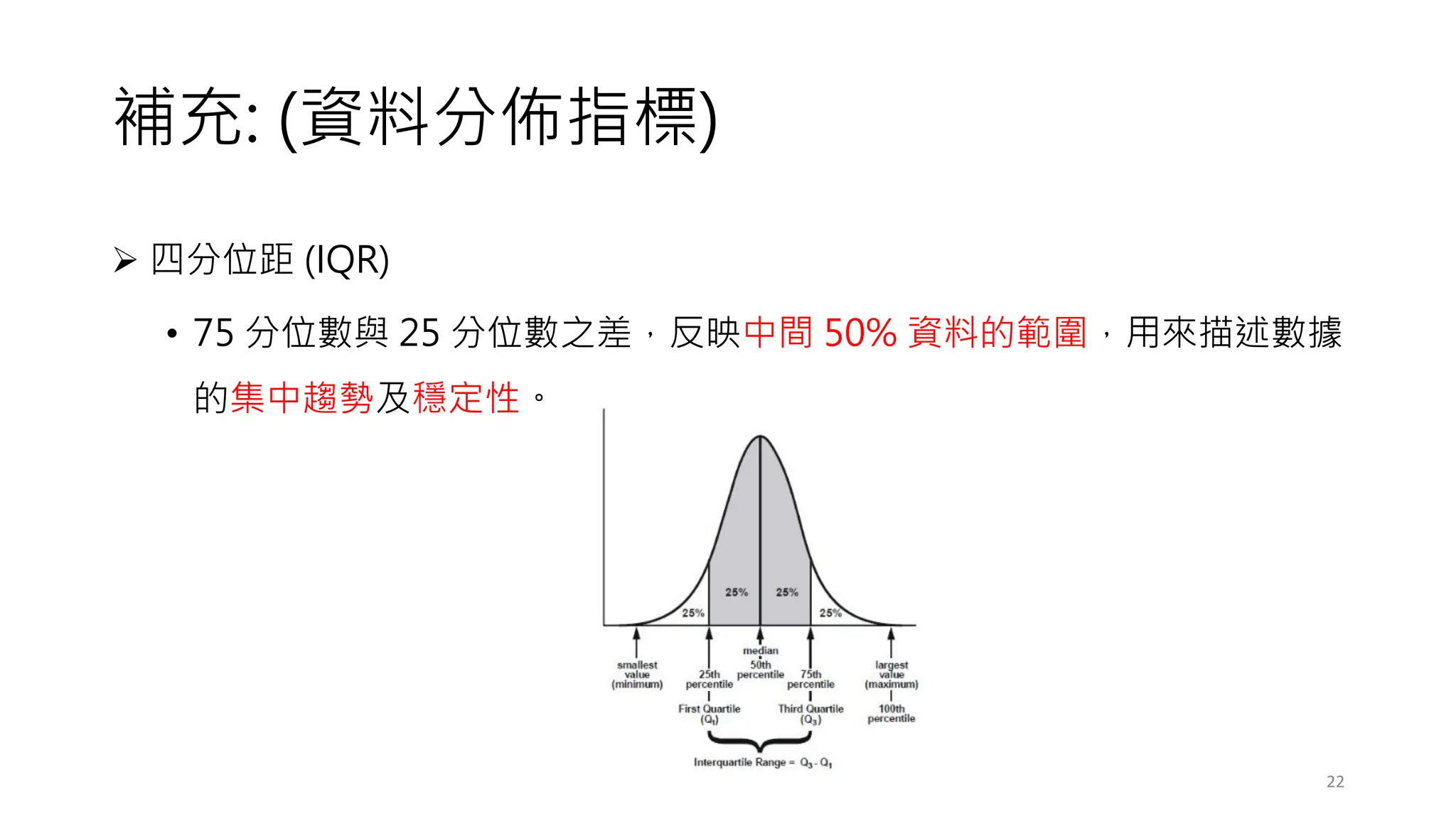 補充: (資料分佈指標)
➢ 四分位距 (IQR)
• 75 分位數與 25 分位數之差，反映中間 50% 資料的範圍，用來描述數據
的集中趨勢及穩定性。
22
 