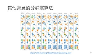 其他常見的分群演算法
24
https://scikit-learn.org/stable/modules/clustering.html
 