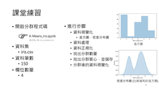 課堂練習
• 開啟分群程式碼
• 資料集
• iris.csv
• 資料筆數
• 150
• 欄位數量
• 4
26
K-Means_iris.ipynb
• 進行步驟
• 資料視覺化
• 直方圖、密度分布圖
• 資料處理
• 資料正規化
• 找出分群數量
• 找出分群質心，並儲存
• 分群後的資料視覺化
直方圖
密度分布圖 (比較緩和的直方圖)
儲存質心檔: iris_centers.csv
 