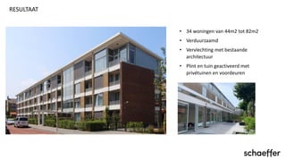 • 34 woningen van 44m2 tot 82m2
• Verduurzaamd
• Vervlechting met bestaande
architectuur
• Plint en tuin geactiveerd met
privétuinen en voordeuren
RESULTAAT
 