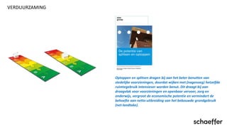 VERDUURZAMING
Optoppen en splitsen dragen bij aan het beter benutten van
stedelijke voorzieningen, doordat wijken met (nagenoeg) hetzelfde
ruimtegebruik intensiever worden benut. Dit draagt bij aan
draagvlak voor voorzieningen en openbaar vervoer, zorg en
onderwijs, vergroot de economische potentie en vermindert de
behoefte aan netto-uitbreiding van het bebouwde grondgebruik
(net-landtake).
 