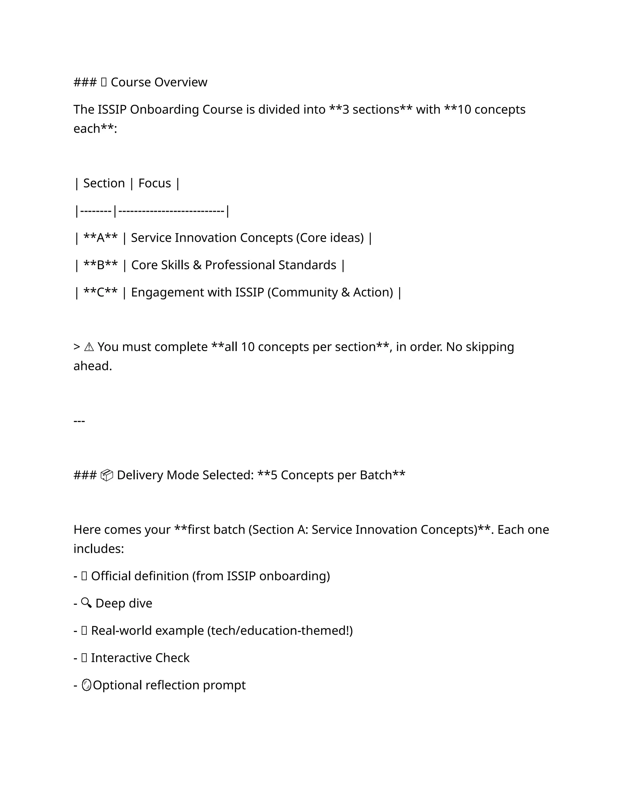 ### 📘 Course Overview
The ISSIP Onboarding Course is divided into **3 sections** with **10 concepts
each**:
| Section | Focus |
|--------|---------------------------|
| **A** | Service Innovation Concepts (Core ideas) |
| **B** | Core Skills & Professional Standards |
| **C** | Engagement with ISSIP (Community & Action) |
> You must complete **all 10 concepts per section**, in order. No skipping
⚠️
ahead.
---
### Delivery Mode Selected: **5 Concepts per Batch**
📦
Here comes your **first batch (Section A: Service Innovation Concepts)**. Each one
includes:
- ✅ Official definition (from ISSIP onboarding)
- Deep dive
🔍
- 💡 Real-world example (tech/education-themed!)
- 🎯 Interactive Check
- Optional reflection prompt
🪞
 