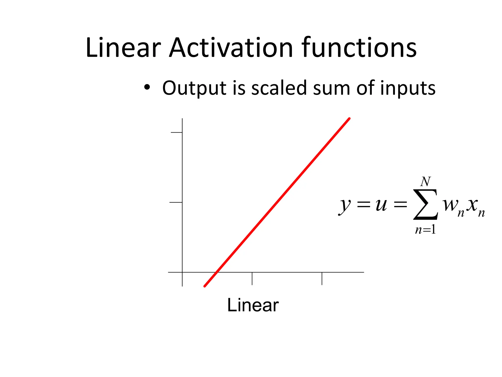 Linear Activation functions
• Output is scaled sum of inputs
n
N
n
n x
w
u
y 



1
Linear
 