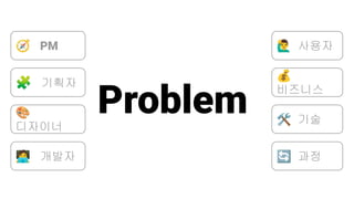 Problem
󰢧 사용자
💰
비즈니스
🛠 기술
🔄 과정
🧩 기획자
🎨
디자이너
󰳕 개발자
🧭 PM
 