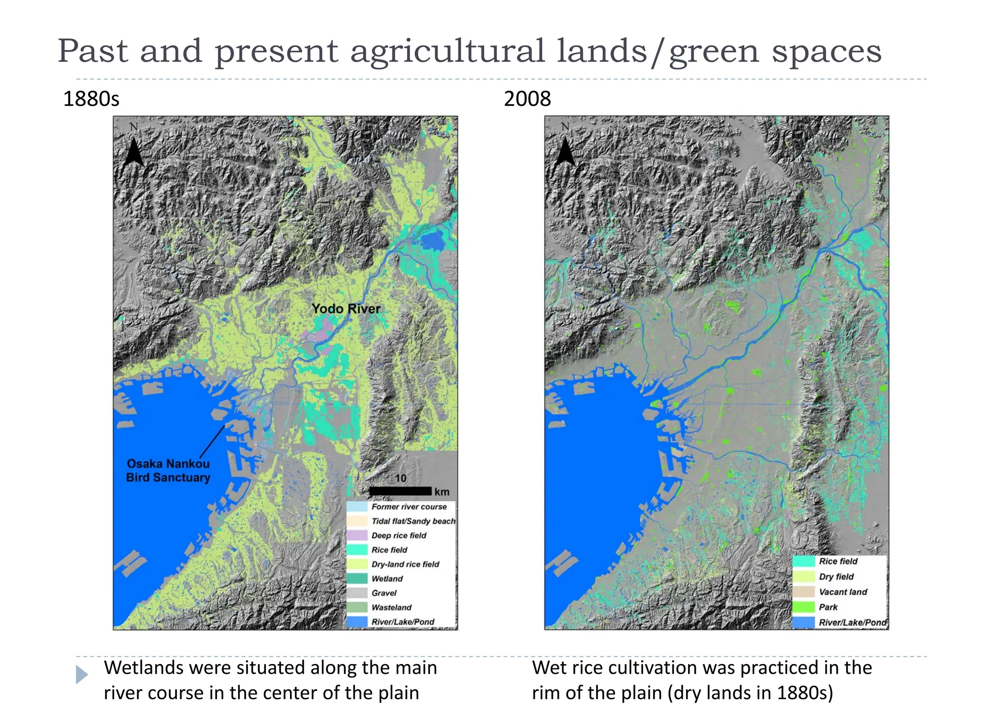 Wetlands were situated along the main
river course in the center of the plain
Wet rice cultivation was practiced in the
rim of the plain (dry lands in 1880s)
Past and present agricultural lands/green spaces
1880s 2008
 