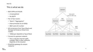 10
• BGP, EVPN and VXLAN
• L3 everywhere!
• No (R)STP
• Pair of two routers
• “Spine” / “Aggregation”
• Interconnected via 2x100Gb
• iBGP, same AS number
• All connections from Top-of-Rack and
Storage terminate at Cloud Core
routers
• 100Gb per downlink to Top-of-Rack
• Connect to upstream network
• This is only the internet traffic,
multiple 10Gb is often sufficient.
Depends on the situation
• IPv4/IPv6 gateways for tenant
networks
This is what we do
Multi DC
Cloud Core
Top-of-Rack Top-of-Rack Top-of-Rack Top-of-Rack Top-of-Rack
Upstream
Cloud Core
eBGP
100Gb
iBGP
2x100Gb
10Gb (LACP)
Internet traffic only
 
