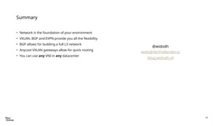 29
• Network is the foundation of your environment
• VXLAN, BGP and EVPN provide you all the flexibility
• BGP allows for building a full L3 network
• Anycast VXLAN gateways allow for quick routing
• You can use any VNI in any datacenter
Summary
@widodh
wido@denhollander.io
blog.widodh.nl
 