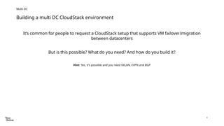 5
Building a multi DC CloudStack environment
Multi DC
It’s common for people to request a CloudStack setup that supports VM failover/migration
between datacenters
But is this possible? What do you need? And how do you build it?
Hint: Yes, it’s possible and you need VXLAN, EVPN and BGP
 