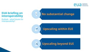 EUA briefing on
interoperability
Outlook – what futures for
interoperability?
No substantial change
Upscaling within EUI
Upscaling beyond EUI
 