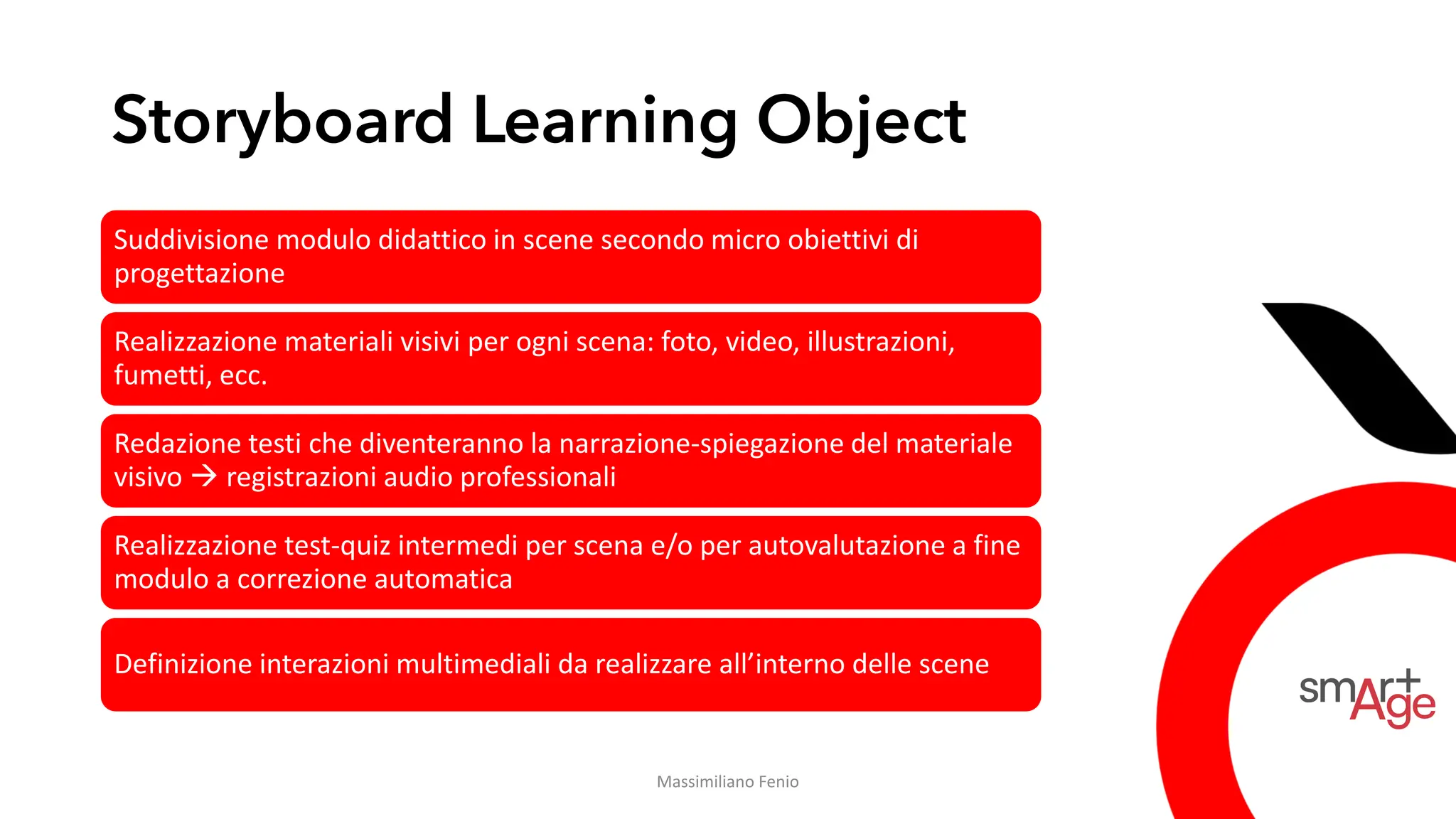 Storyboard Learning Object
Suddivisione modulo didattico in scene secondo micro obiettivi di
progettazione
Realizzazione materiali visivi per ogni scena: foto, video, illustrazioni,
fumetti, ecc.
Redazione testi che diventeranno la narrazione-spiegazione del materiale
visivo → registrazioni audio professionali
Realizzazione test-quiz intermedi per scena e/o per autovalutazione a fine
modulo a correzione automatica
Definizione interazioni multimediali da realizzare all’interno delle scene
Massimiliano Fenio
 