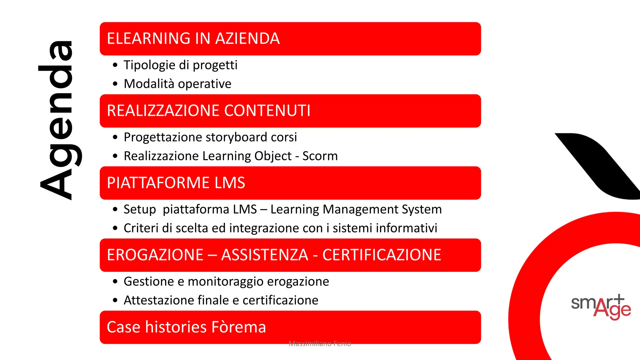 Agenda
ELEARNING IN AZIENDA
• Tipologie di progetti
• Modalità operative
REALIZZAZIONE CONTENUTI
• Progettazione storyboard corsi
• Realizzazione Learning Object - Scorm
PIATTAFORME LMS
• Setup piattaforma LMS – Learning Management System
• Criteri di scelta ed integrazione con i sistemi informativi
EROGAZIONE – ASSISTENZA - CERTIFICAZIONE
• Gestione e monitoraggio erogazione
• Attestazione finale e certificazione
Case histories Fòrema
Massimiliano Fenio
 