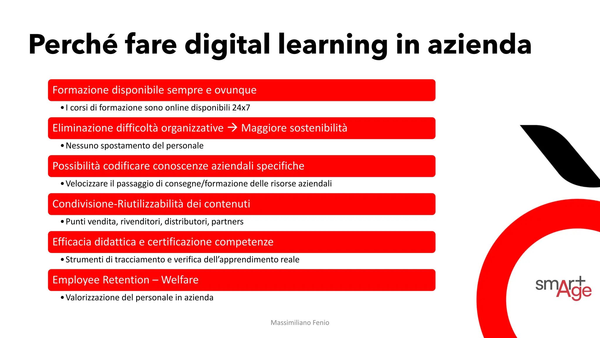 Perché fare digital learning in azienda
Formazione disponibile sempre e ovunque
•I corsi di formazione sono online disponibili 24x7
Eliminazione difficoltà organizzative → Maggiore sostenibilità
•Nessuno spostamento del personale
Possibilità codificare conoscenze aziendali specifiche
•Velocizzare il passaggio di consegne/formazione delle risorse aziendali
Condivisione-Riutilizzabilità dei contenuti
•Punti vendita, rivenditori, distributori, partners
Efficacia didattica e certificazione competenze
•Strumenti di tracciamento e verifica dell’apprendimento reale
Employee Retention – Welfare
•Valorizzazione del personale in azienda
Massimiliano Fenio
 