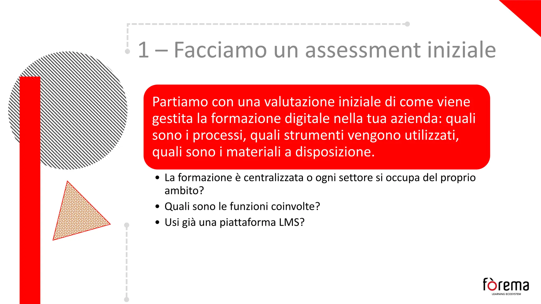 1 – Facciamo un assessment iniziale
Partiamo con una valutazione iniziale di come viene
gestita la formazione digitale nella tua azienda: quali
sono i processi, quali strumenti vengono utilizzati,
quali sono i materiali a disposizione.
• La formazione è centralizzata o ogni settore si occupa del proprio
ambito?
• Quali sono le funzioni coinvolte?
• Usi già una piattaforma LMS?
 