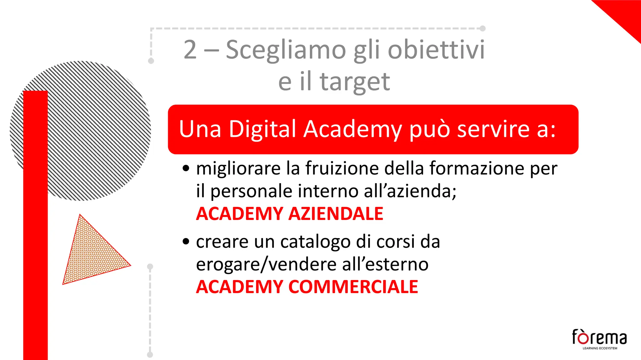 2 – Scegliamo gli obiettivi
e il target
Una Digital Academy può servire a:
• migliorare la fruizione della formazione per
il personale interno all’azienda;
ACADEMY AZIENDALE
• creare un catalogo di corsi da
erogare/vendere all’esterno
ACADEMY COMMERCIALE
 