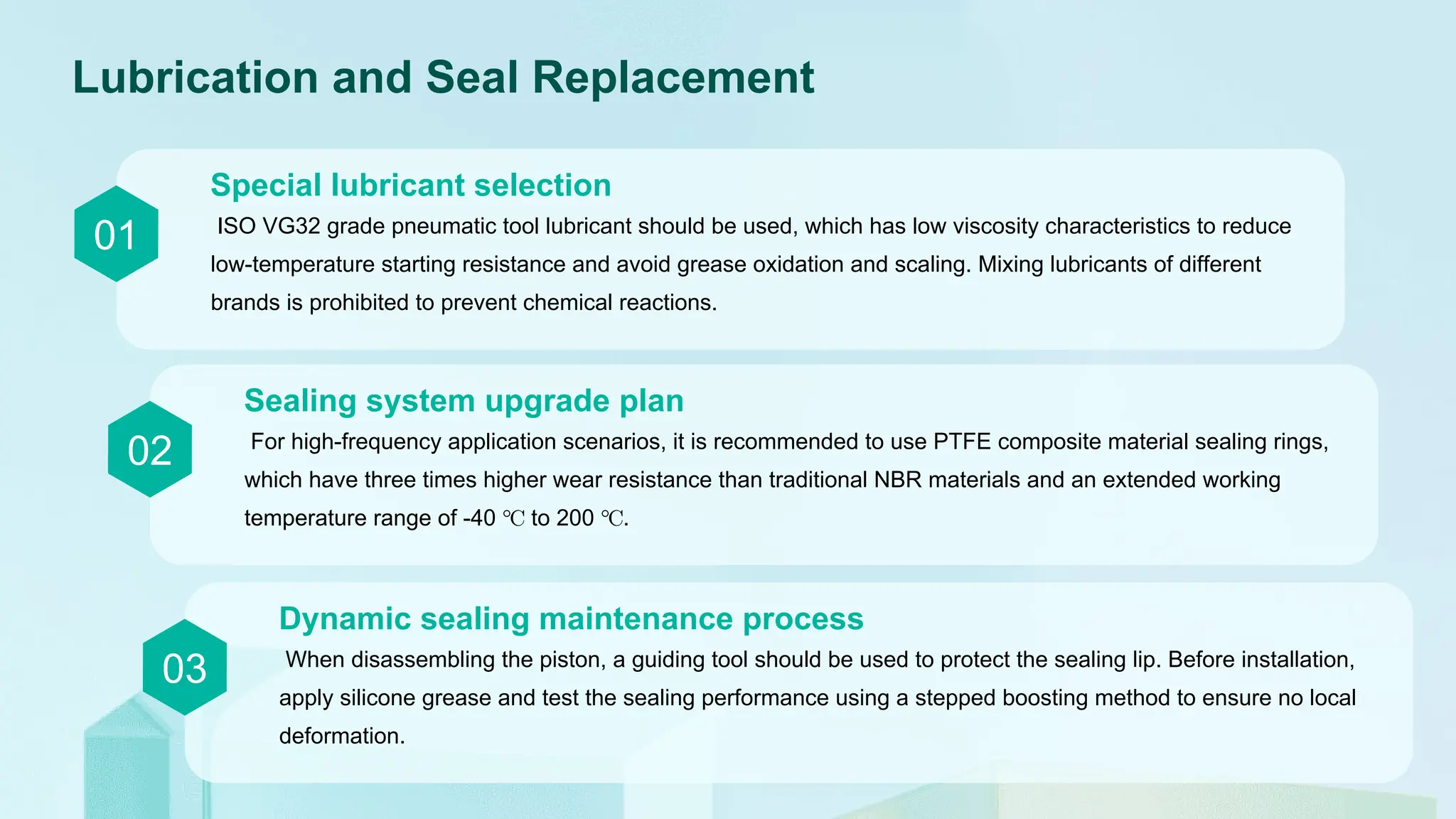 Lubrication and Seal Replacement
01 ISO VG32 grade pneumatic tool lubricant should be used, which has low viscosity characteristics to reduce
low-temperature starting resistance and avoid grease oxidation and scaling. Mixing lubricants of different
brands is prohibited to prevent chemical reactions.
Special lubricant selection
02 For high-frequency application scenarios, it is recommended to use PTFE composite material sealing rings,
which have three times higher wear resistance than traditional NBR materials and an extended working
temperature range of -40 ℃ to 200 ℃.
Sealing system upgrade plan
03 When disassembling the piston, a guiding tool should be used to protect the sealing lip. Before installation,
apply silicone grease and test the sealing performance using a stepped boosting method to ensure no local
deformation.
Dynamic sealing maintenance process
 