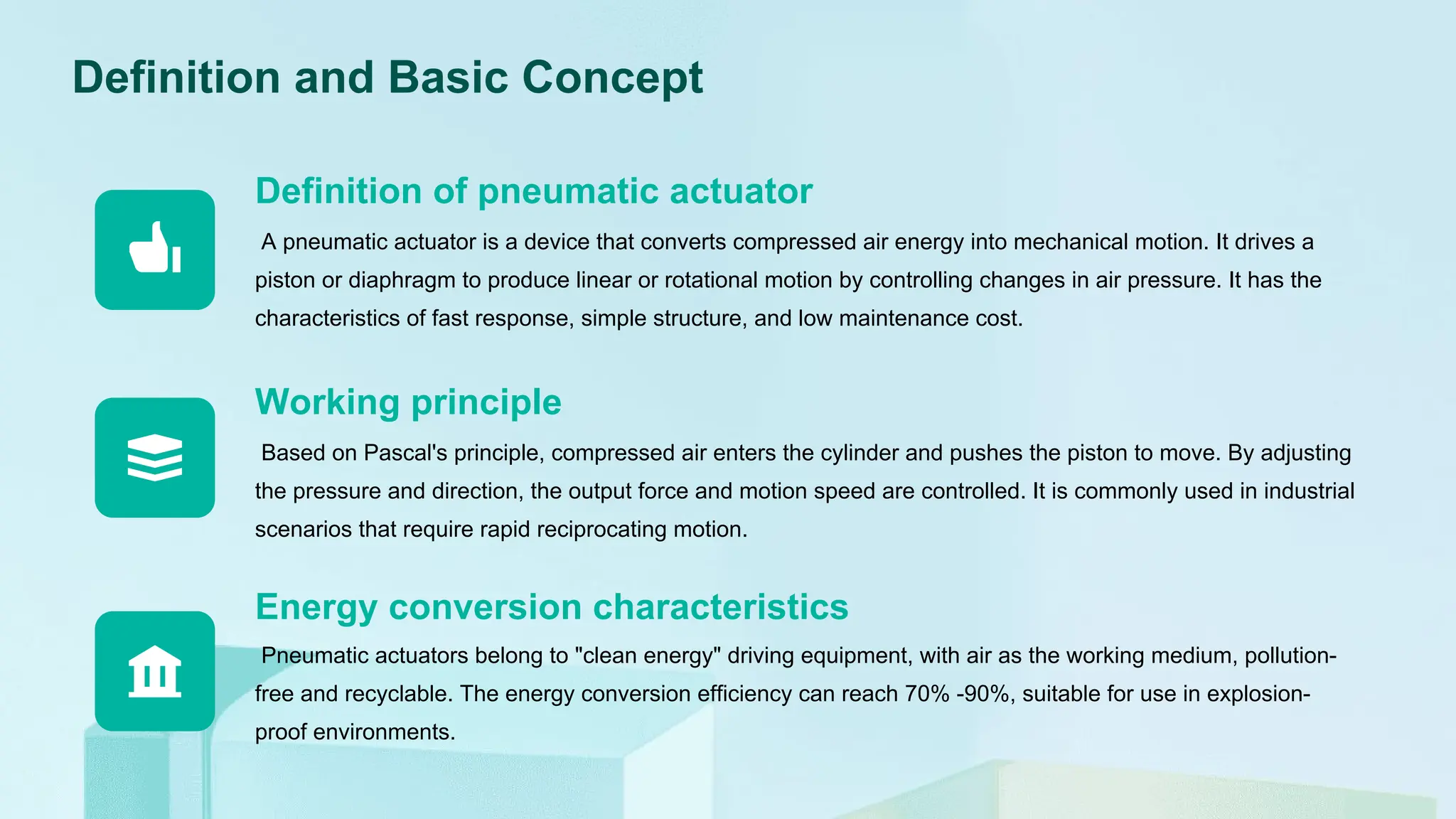 Definition and Basic Concept
Based on Pascal's principle, compressed air enters the cylinder and pushes the piston to move. By adjusting
the pressure and direction, the output force and motion speed are controlled. It is commonly used in industrial
scenarios that require rapid reciprocating motion.
Working principle
A pneumatic actuator is a device that converts compressed air energy into mechanical motion. It drives a
piston or diaphragm to produce linear or rotational motion by controlling changes in air pressure. It has the
characteristics of fast response, simple structure, and low maintenance cost.
Definition of pneumatic actuator
Pneumatic actuators belong to "clean energy" driving equipment, with air as the working medium, pollution-
free and recyclable. The energy conversion efficiency can reach 70% -90%, suitable for use in explosion-
proof environments.
Energy conversion characteristics
 