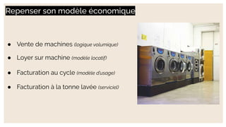 Repenser son modèle économique
● Vente de machines (logique volumique)
● Loyer sur machine (modèle locatif)
● Facturation au cycle (modèle d’usage)
● Facturation à la tonne lavée (serviciel)
 