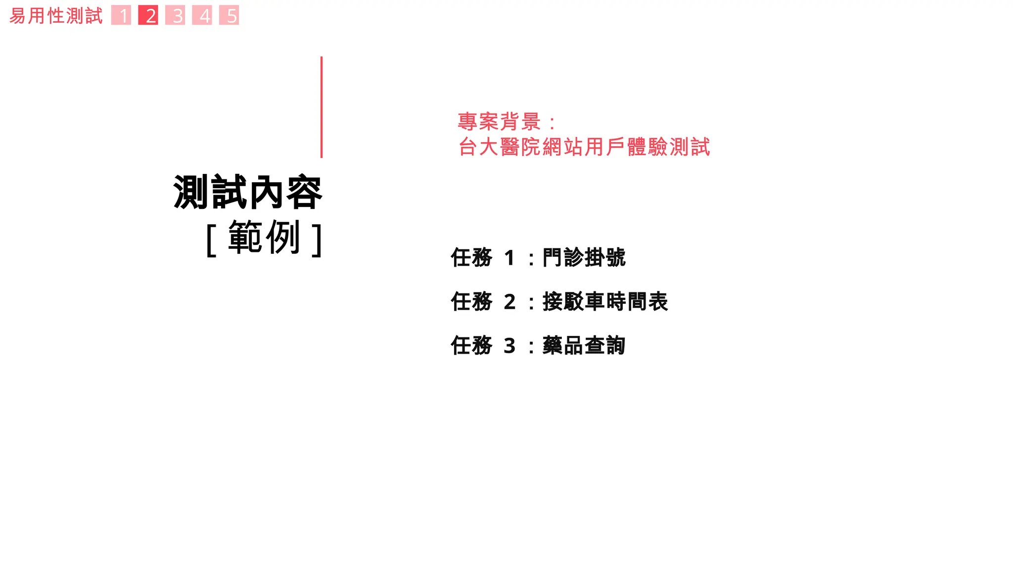 測試內容
[ 範例 ]
專案背景：
台大醫院網站用戶體驗測試
任務 1 ：門診掛號
任務 2 ：接駁車時間表
任務 3 ：藥品查詢
易用性測試 1 2 3 4 5
 