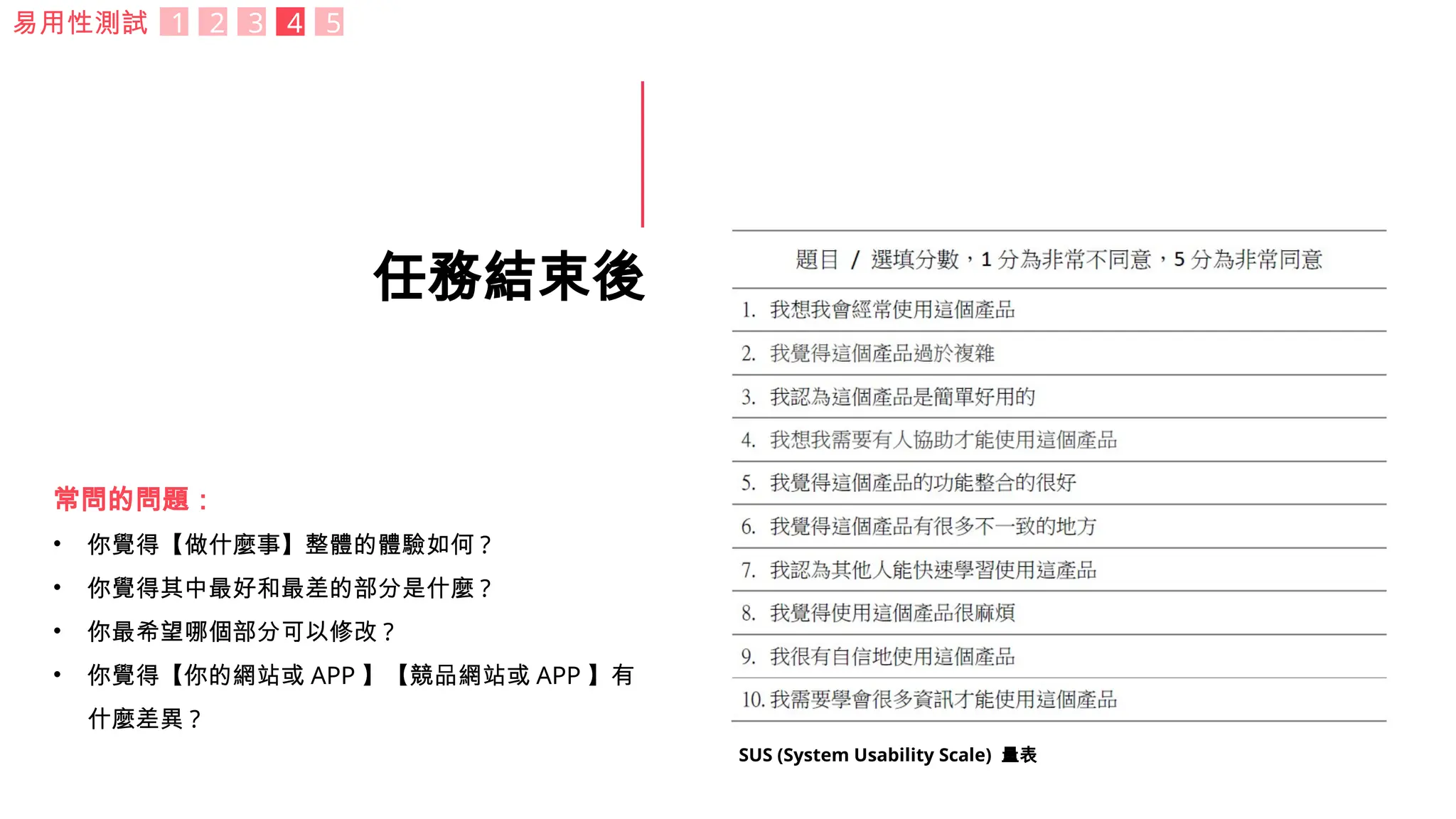 任務結束後
常問的問題：
• 你覺得【做什麼事】整體的體驗如何 ?
• 你覺得其中最好和最差的部分是什麼 ?
• 你最希望哪個部分可以修改 ?
• 你覺得【你的網站或 APP 】【競品網站或 APP 】有
什麼差異 ?
SUS (System Usability Scale) 量表
易用性測試 1 2 3 4 5
 