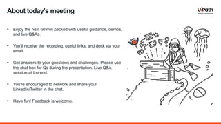 About today’s meeting
• Enjoy the next 60 min packed with useful guidance, demos,
and live Q&As.
• You’ll receive the recording, useful links, and deck via your
email.
• Get answers to your questions and challenges. Please use
the chat box for Qs during the presentation. Live Q&A
session at the end.
• You're encouraged to network and share your
LinkedIn/Twitter in the chat.
• Have fun! Feedback is welcome.
 