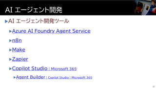 AI エージェント開発ツール
Azure AI Foundry Agent Service
n8n
Make
Zapier
Copilot Studio | Microsoft 365
Agent Builder | Copilot Studio | Microsoft 365
AI エージェント開発
32
 