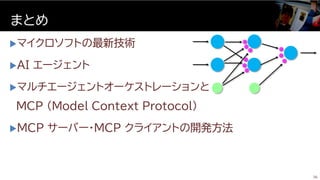マイクロソフトの最新技術
AI エージェント
マルチエージェントオーケストレーションと
MCP (Model Context Protocol)
MCP サーバー・MCP クライアントの開発方法
まとめ
36
 