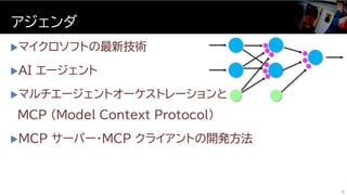 マイクロソフトの最新技術
AI エージェント
マルチエージェントオーケストレーションと
MCP (Model Context Protocol)
MCP サーバー・MCP クライアントの開発方法
アジェンダ
5
 
