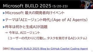 Microsoft 最大の開発者向けイベント
テーマは「AIエージェント時代」（Age of AI Agents）
昨年は何かと生成AIが話題
→ 今年は、AIエージェント
(ユーザーの代わりに行動し、タスクを実行するAIシステム)
【資料】 Microsoft BUILD 2025 Blog by GitHub Copilot Coding Agent
Microsoft BUILD 2025 (5/20-23)
7
 