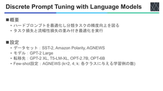 Discrete Prompt Tuning with Language Models
◼概要
• ハードプロンプトを最適化し分類タスクの精度向上を図る
• タスク損失と流暢性損失の重み付き最適化を実行
◼設定
• データセット：SST-2, Amazon Polarity, AGNEWS
• モデル：GPT-2 Large
• 転移先：GPT-2 XL, T5-LM-XL, OPT-2.7B, OPT-6B
• Few-shot設定：AGNEWS (k=2, 4; k: 各クラスに与える学習例の数)
 