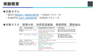 実験概要
◼対象モデル
• BERT [Devlin+, NAACL2019]：110Mのパラメータ
• RoBERTa [Liu+, arXiv2019]：355Mのパラメータ
◼対象タスク：感情分析，自然言語推論，事実探索，関係抽出
 