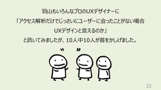 22
⽻⼭もいろんなプロのUXデザイナーに
「アクセス解析だけでじっさいにユーザーに会ったことがない場合
UXデザインと⾔えるのか」
と訊いてみましたが、10⼈中10⼈が⾸をかしげました。
 