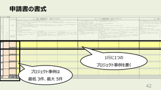 申請書の書式
42
1⾏に1つの
プロジェクト事例を書く
プロジェクト事例は
最低 3件、最⼤ 5件
 